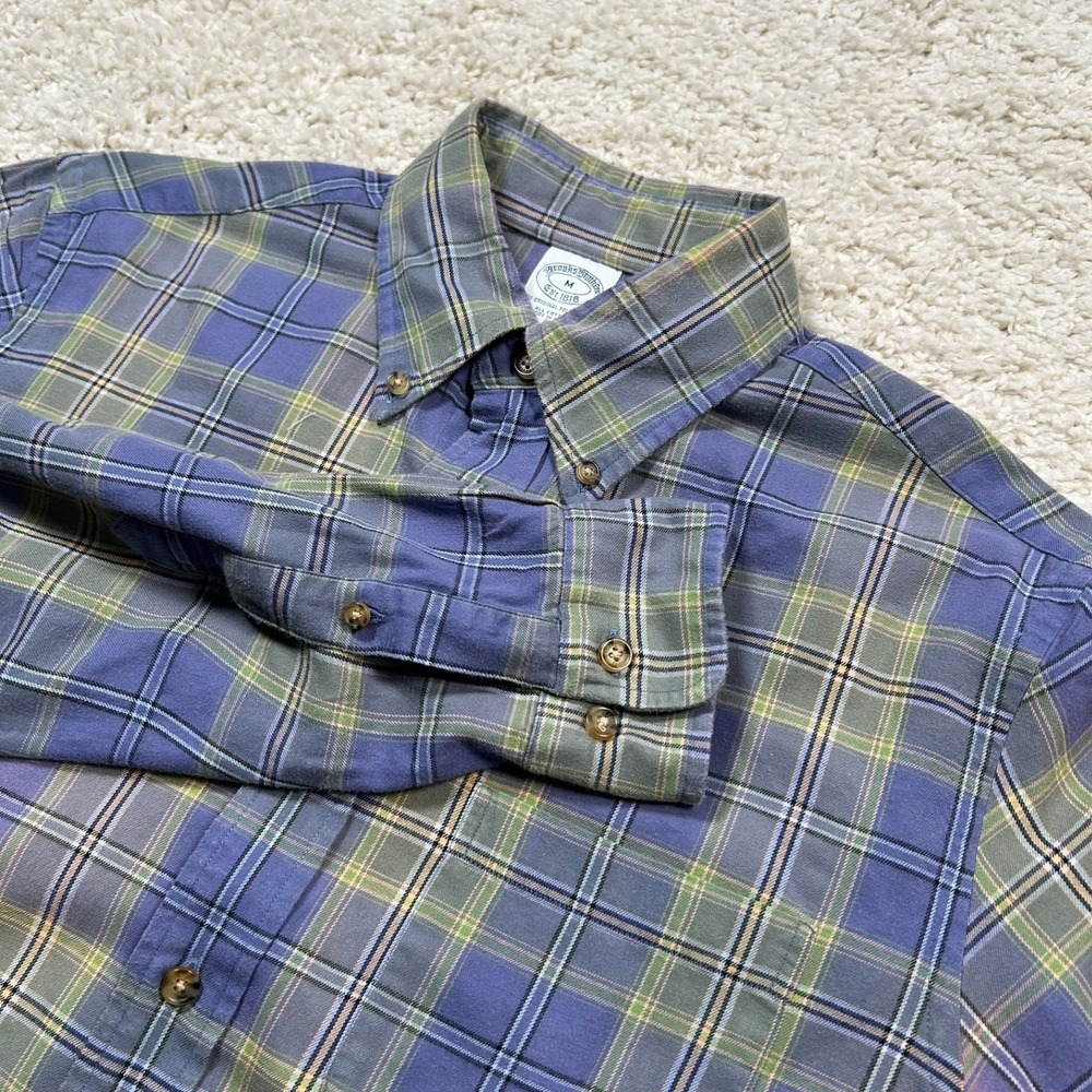Brooks Brothers Button Down Shirt Medium Purple Green Plaid Long Sleeve Cotton